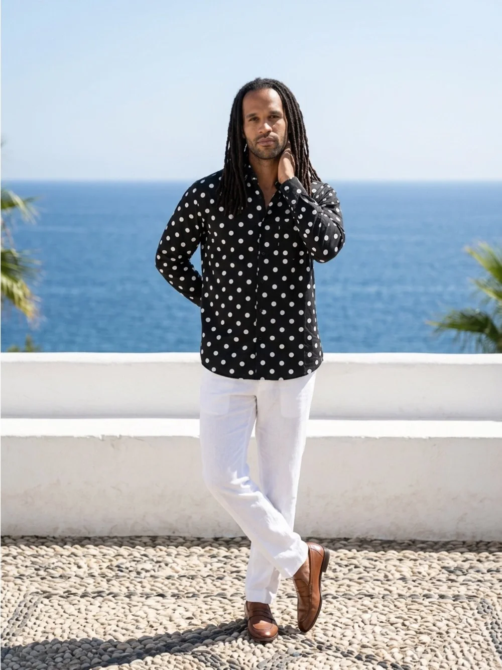 🚘 new 🆕 Men's Black Polka Dot Button-Up Shirt - Classic Style size 18-18.5 34-35